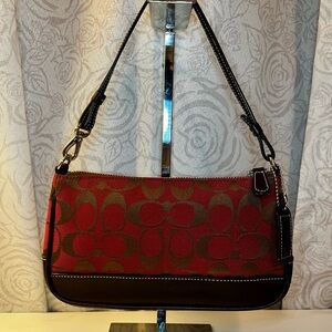 Vintage Coach Signature Demi Mini Shoulder Bag Red Jacquard & Brown Leather